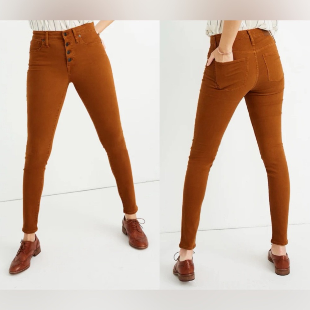 Madewell 9" Mid-Rise Skinny Jeans Button-Front Edition - burnt sienna, size 30T